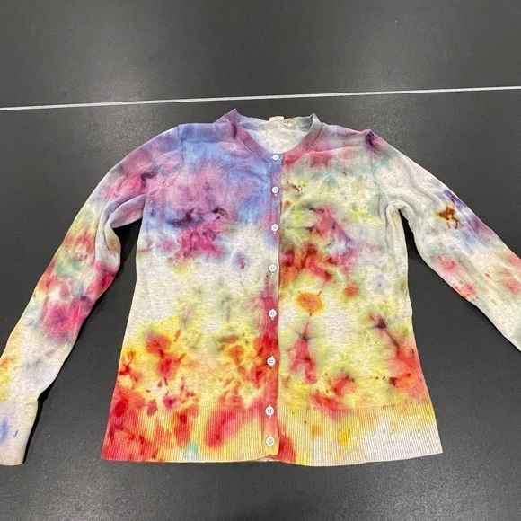 Tie dye long sleeve cotton cardigan in bright watercolor abstract pattern M - Picture 2 of 12